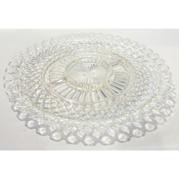 Glass DIVIDED SERVING PLATTER 14" Fruit Tray Dish 6 Section Diamond Cut Sawtooth - Picture 7 of 7